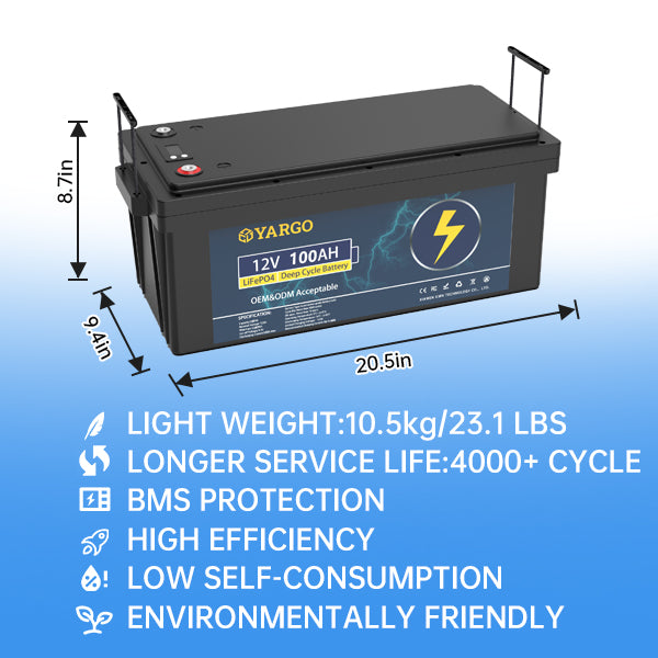 Wholesale OEM Yargo 12V 100Ah Lifepo4 Deep Cycle battery Lithium Ion Battery Automotive grade A+ Battery for Solar Power System Customizable