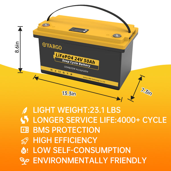 Wholesale OEM Yargo 24V 50Ah Lifepo4 Lithium Ion Battery Europe Most Popular Best Seller Lead Acid Replacement Solar RV Marine Customizable