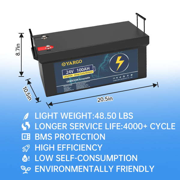 Wholesale OEM Yargo 24V 100Ah Lifepo4 Deep Cycle battery Lithium Ion Battery Automotive grade A+ Battery for Solar Power System Customizable
