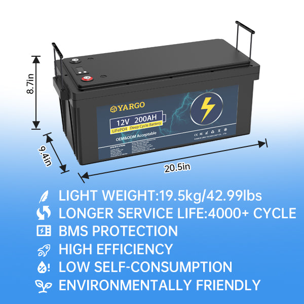 Wholesale OEM Yargo 12V 200Ah Lifepo4 Deep Cycle battery Lithium Ion Battery Automotive grade A+ Battery for Solar Power System Customizable