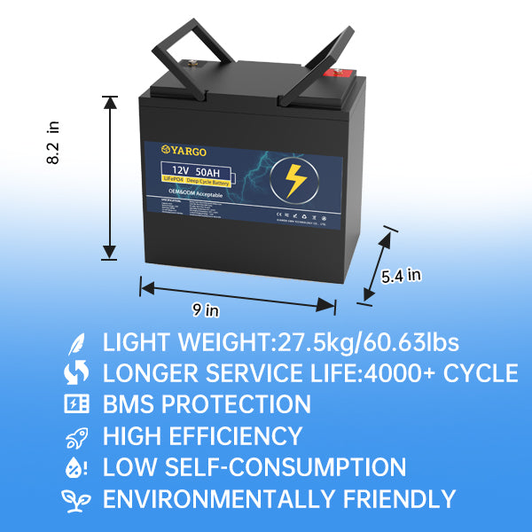 Wholesale OEM Yargo 12V 50Ah Lifepo4 Deep Cycle battery Lithium Ion Battery Automotive-grade A+ Battery Cells for Solar Power System Customizable