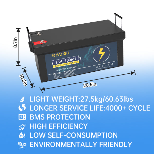 Wholesale OEM Yargo 36V 100Ah Lifepo4 Deep Cycle battery Lithium Ion Battery Automotive grade A+ Battery for Solar Power System Customizable